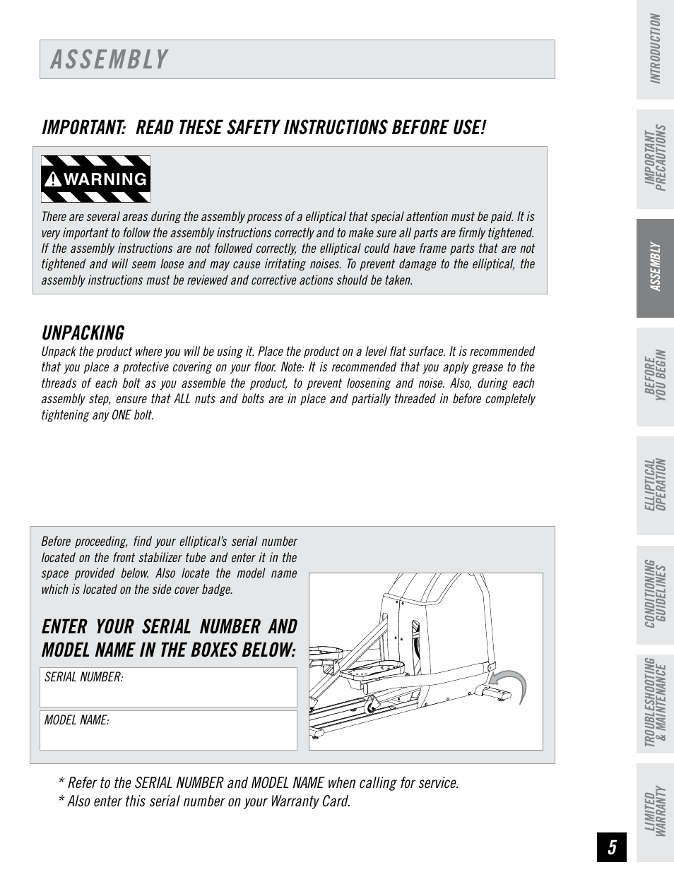 Assembly, Unpacking, Warning | Horizon Fitness EG5 User Manual | Page 4 / 30