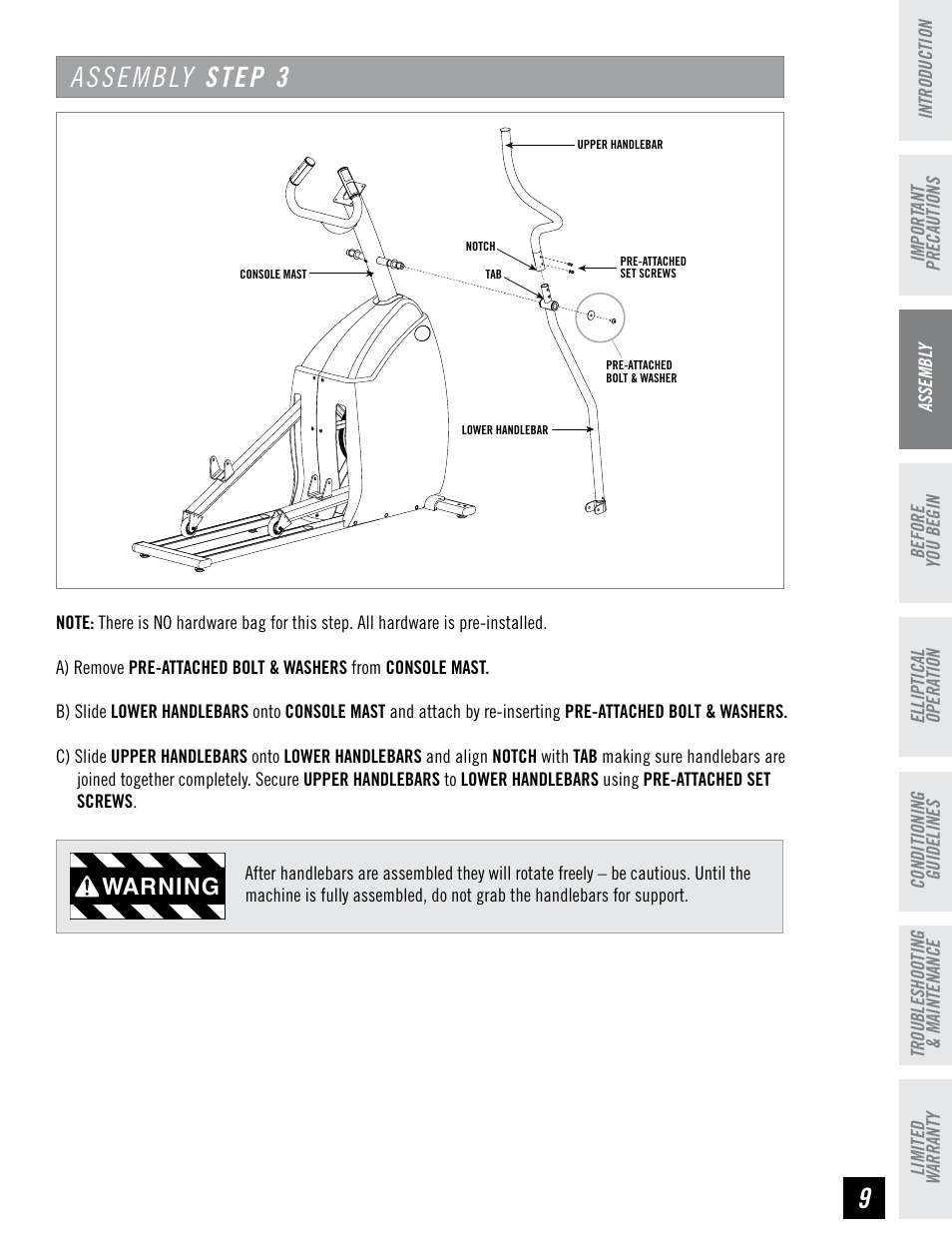 Assembly step, Warning | Horizon Fitness EG5 User Manual | Page 8 / 30