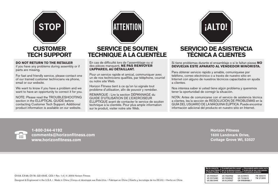 Stop attention ¡alto, Servicio de asistencia técnica a clientes | Horizon Fitness GS1050E User Manual | Page 104 / 104