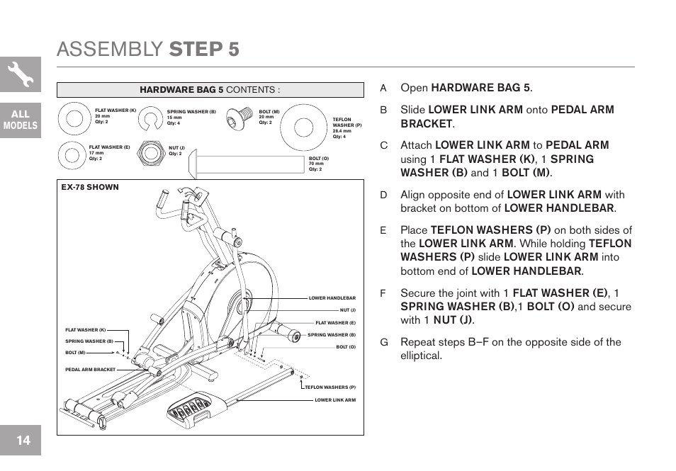 Assembly step 5, Open hardware bag 5, Slide lower link arm onto pedal arm bracket | Horizon Fitness GS1050E User Manual | Page 14 / 104