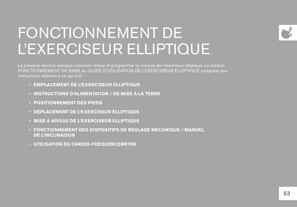 Fonctionnement de l’exerciseur elliptique | Horizon Fitness GS1050E User Manual | Page 53 / 104