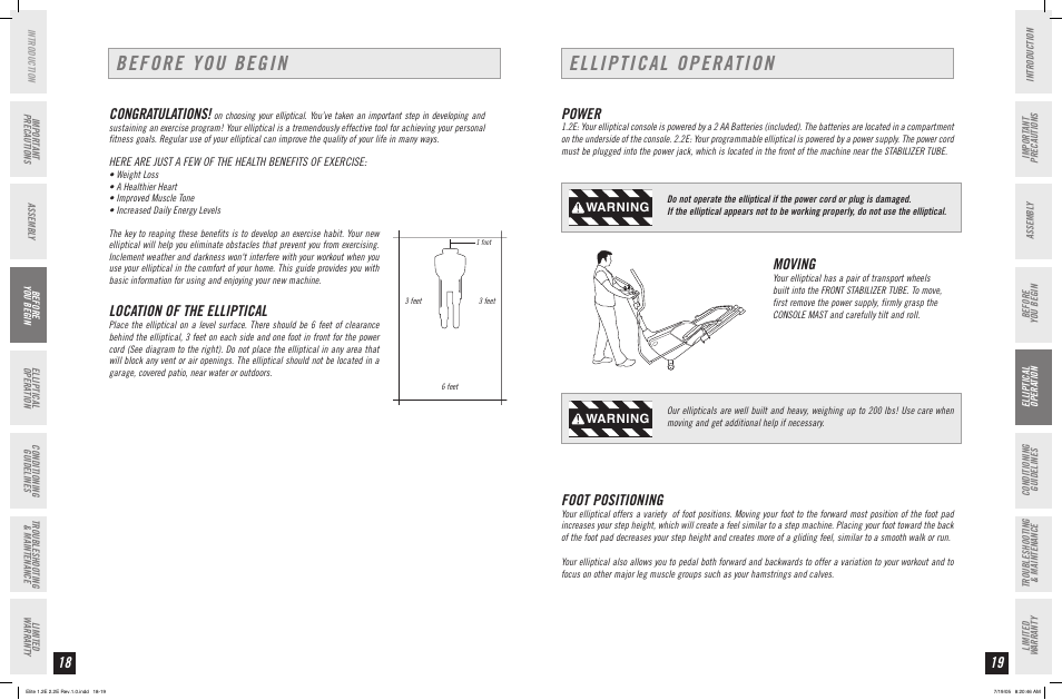 Before you begin, Elliptical operation, Location of the elliptical | Power, Moving, Foot positioning, Warning | Horizon Fitness 2.2E User Manual | Page 10 / 19