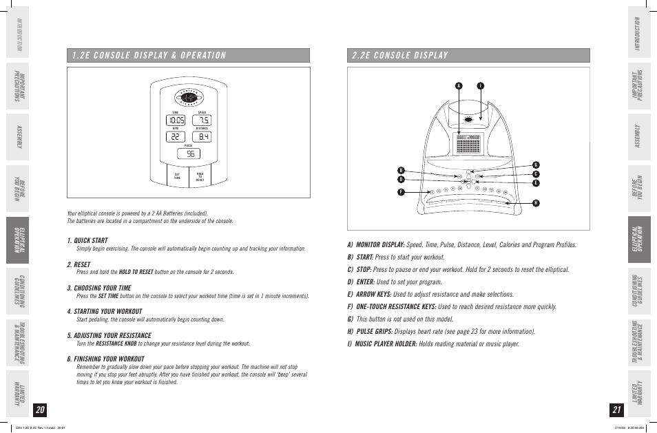 Quick start, Reset, Choosing your time | Starting your workout, Adjusting your resistance, Finishing your workout | Horizon Fitness 2.2E User Manual | Page 11 / 19