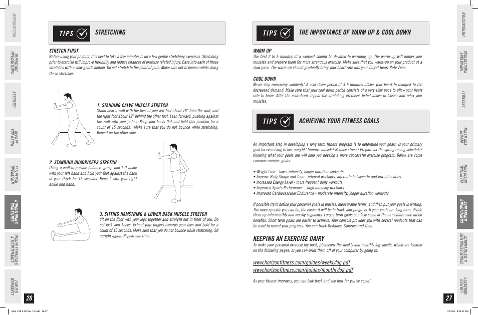 Stretching, Keeping an exercise dairy | Horizon Fitness 2.2E User Manual | Page 14 / 19