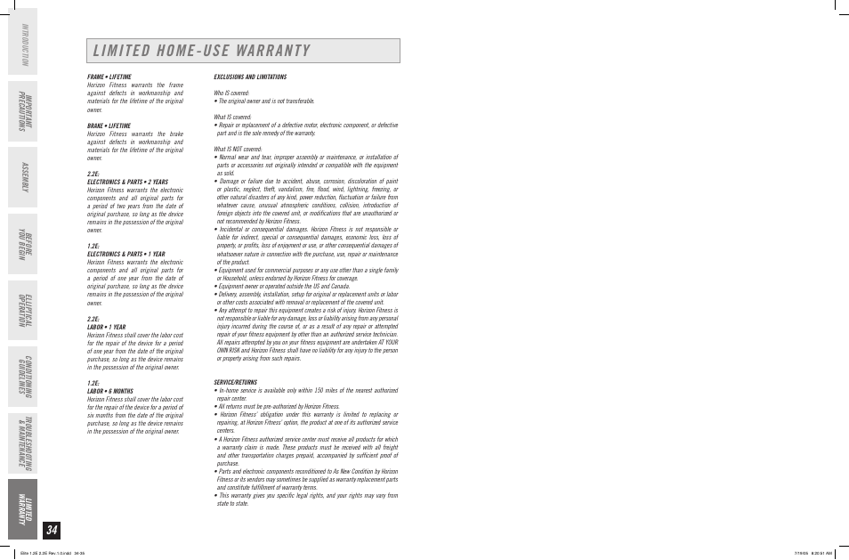 Limited home-use warranty | Horizon Fitness 2.2E User Manual | Page 18 / 19