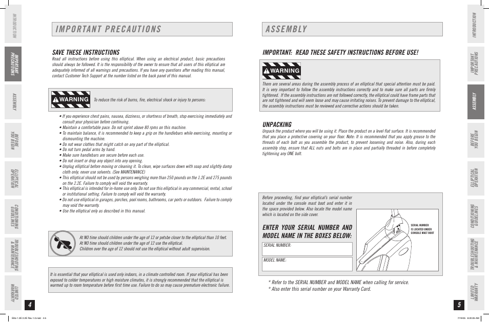 Important precautions, Assembly, Save these instructions | Unpacking, Warning | Horizon Fitness 2.2E User Manual | Page 3 / 19