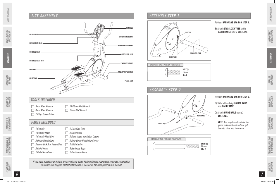 Assembly step 1 assembly step 2 | Horizon Fitness 2.2E User Manual | Page 4 / 19