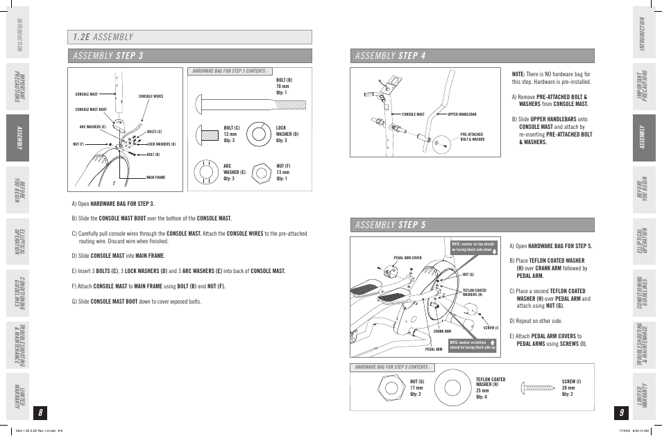 Assembly step 3, Assembly step 5 assembly step 4 1.2e assembly | Horizon Fitness 2.2E User Manual | Page 5 / 19