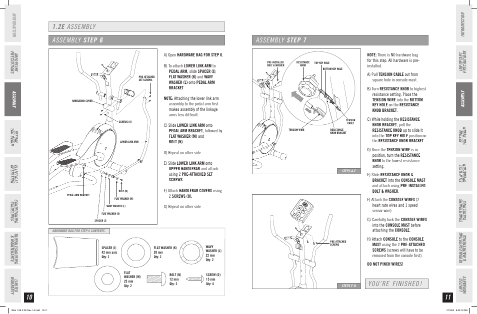 2e assembly, Assembly step 6, Assembly step 7 you’re finished | Horizon Fitness 2.2E User Manual | Page 6 / 19