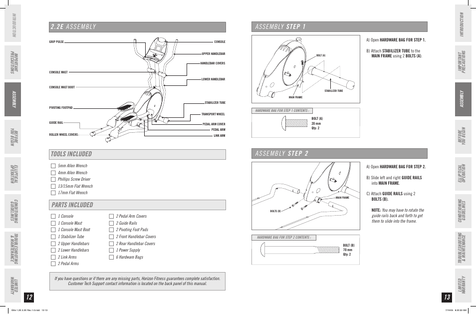 Assembly step 1 assembly step 2 | Horizon Fitness 2.2E User Manual | Page 7 / 19