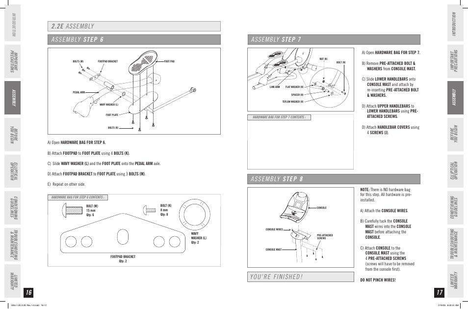 Assembly step 6, 2e assembly you’re finished! assembly step 8, Assembly step 7 | Horizon Fitness 2.2E User Manual | Page 9 / 19