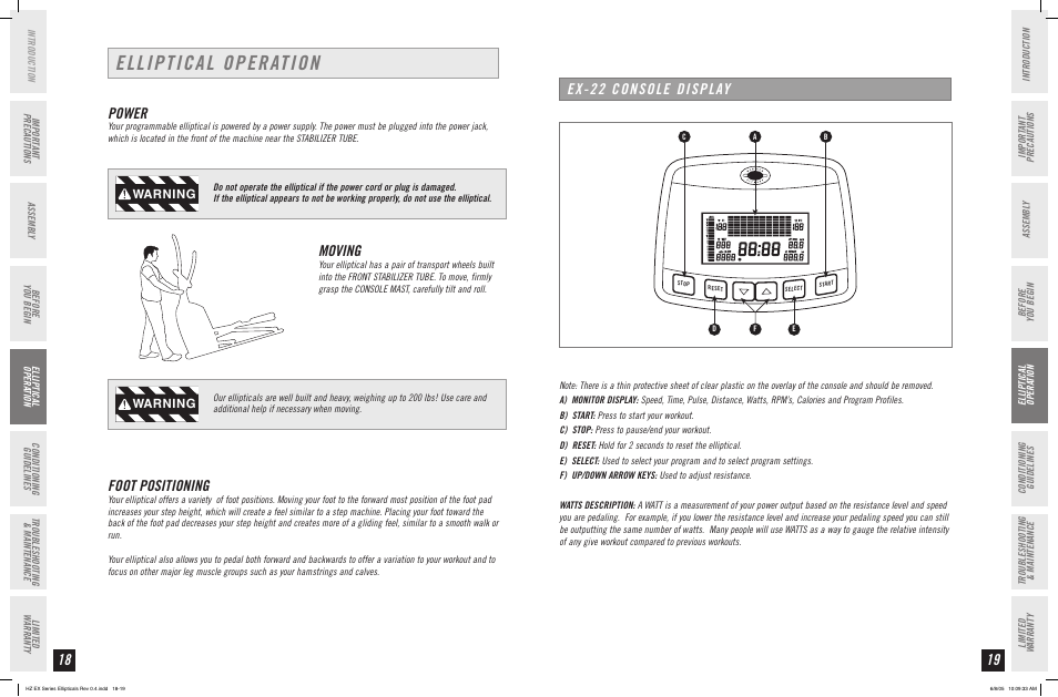 Elliptical operation, Power, Moving | Foot positioning, Ex-22 console display, Warning | Horizon Fitness HZ SERIES EX-33 User Manual | Page 10 / 21