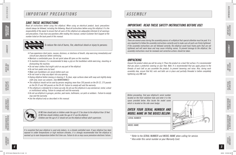 Important precautions, Assembly, Save these instructions | Unpacking, Warning | Horizon Fitness HZ SERIES EX-33 User Manual | Page 3 / 21