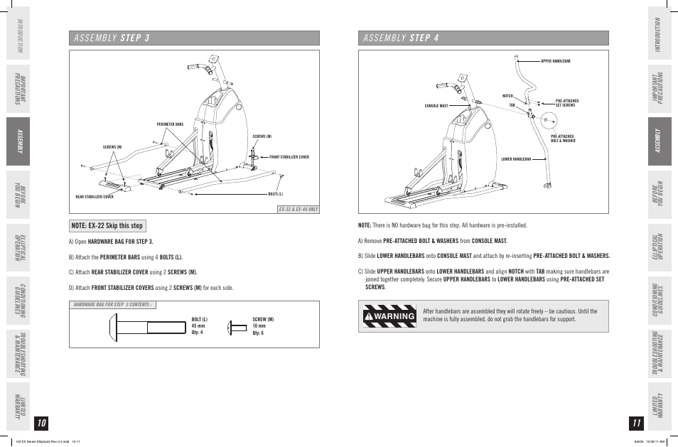 Assembly step 4, Assembly step 3, Warning | Horizon Fitness HZ SERIES EX-33 User Manual | Page 6 / 21