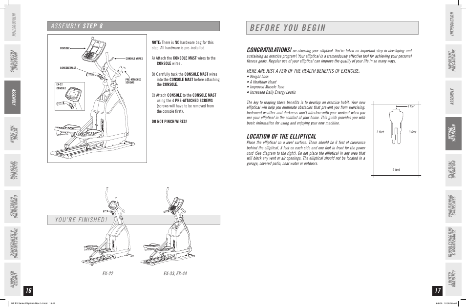 Before you begin, Assembly step 8, You’re finished | Location of the elliptical | Horizon Fitness HZ SERIES EX-33 User Manual | Page 9 / 21