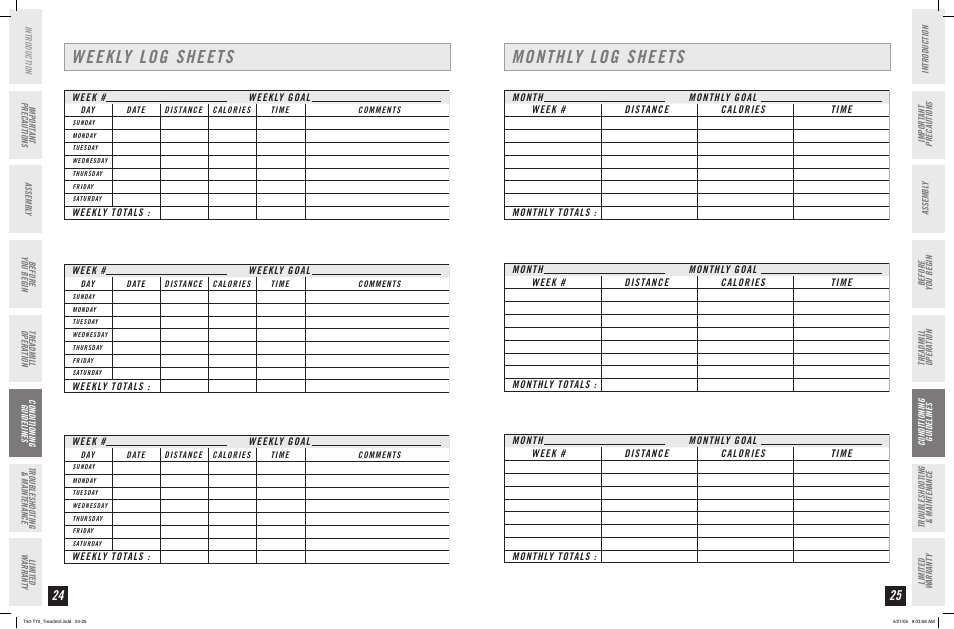 Weekly log sheets, Monthly log sheets | Horizon Fitness T50 User Manual | Page 13 / 17