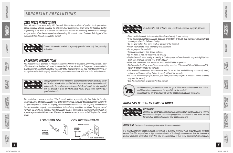 Important precautions, Other safety tips for your treadmill, 4save these instructions | Grounding instructions, Warning | Horizon Fitness T50 User Manual | Page 3 / 17