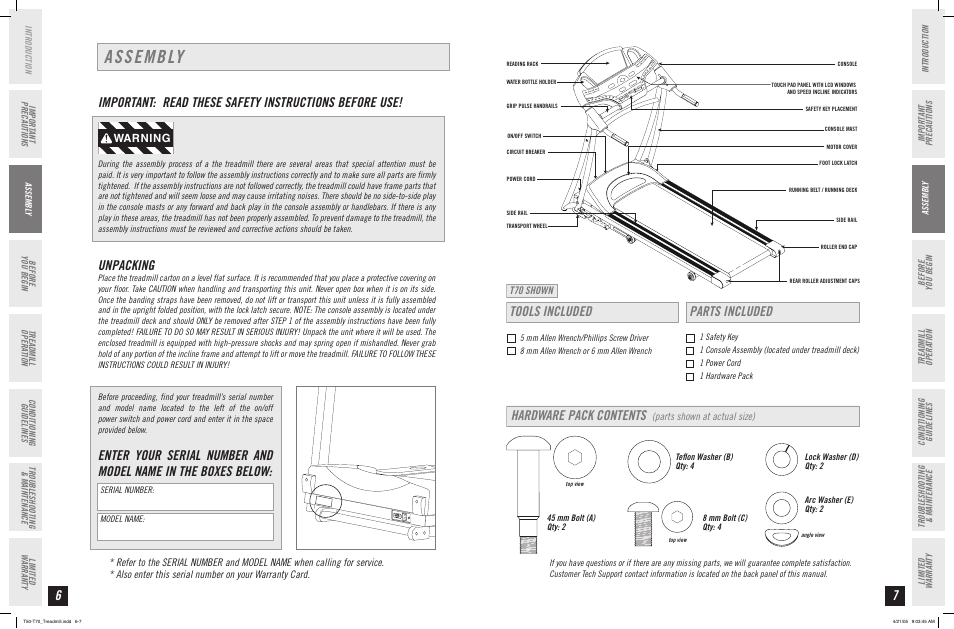 Assembly, Unpacking, Tools included | Parts included hardware pack contents, Warning | Horizon Fitness T50 User Manual | Page 4 / 17