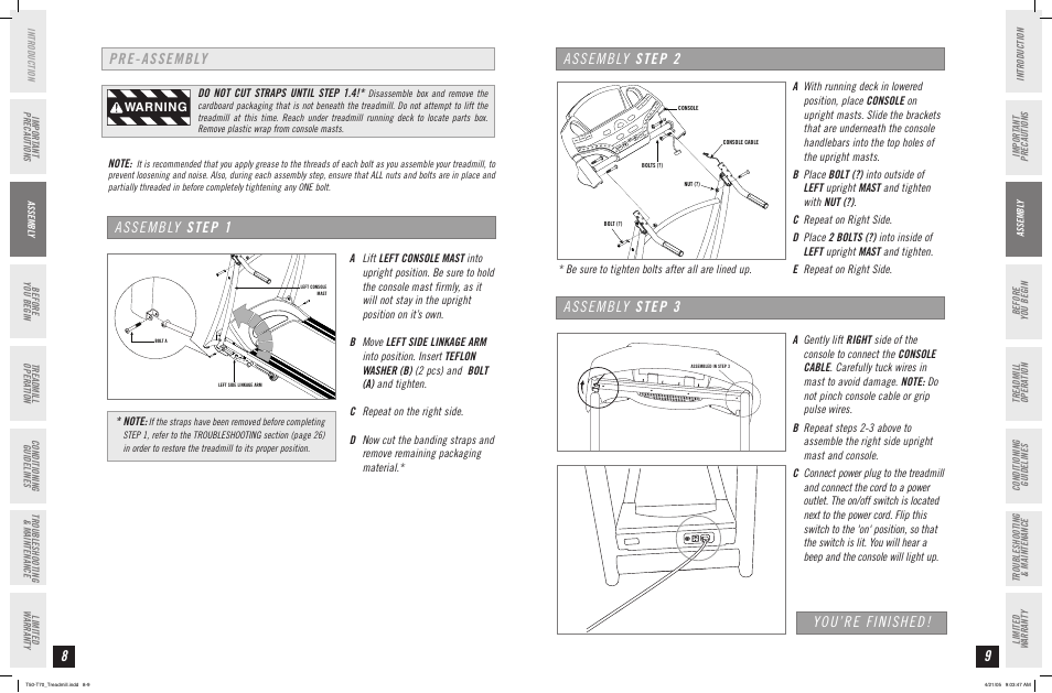 Assembly step 1, Pre-assembly, Assembly step 2 assembly step 3 you’re finished | Warning | Horizon Fitness T50 User Manual | Page 5 / 17