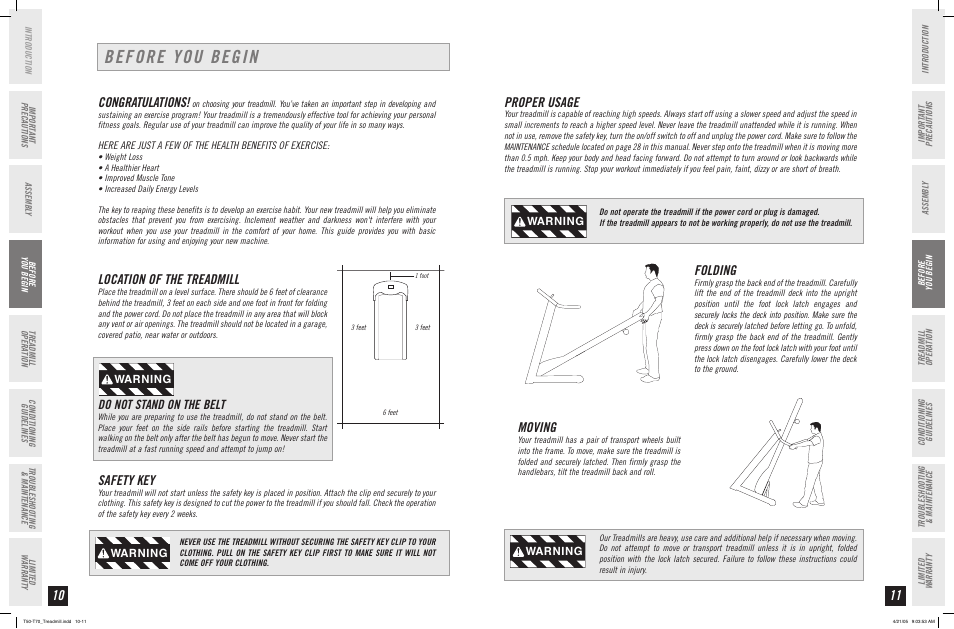 Before you begin, Location of the treadmill, Safety key | Proper usage, Folding, Moving, Do not stand on the belt, Warning | Horizon Fitness T50 User Manual | Page 6 / 17