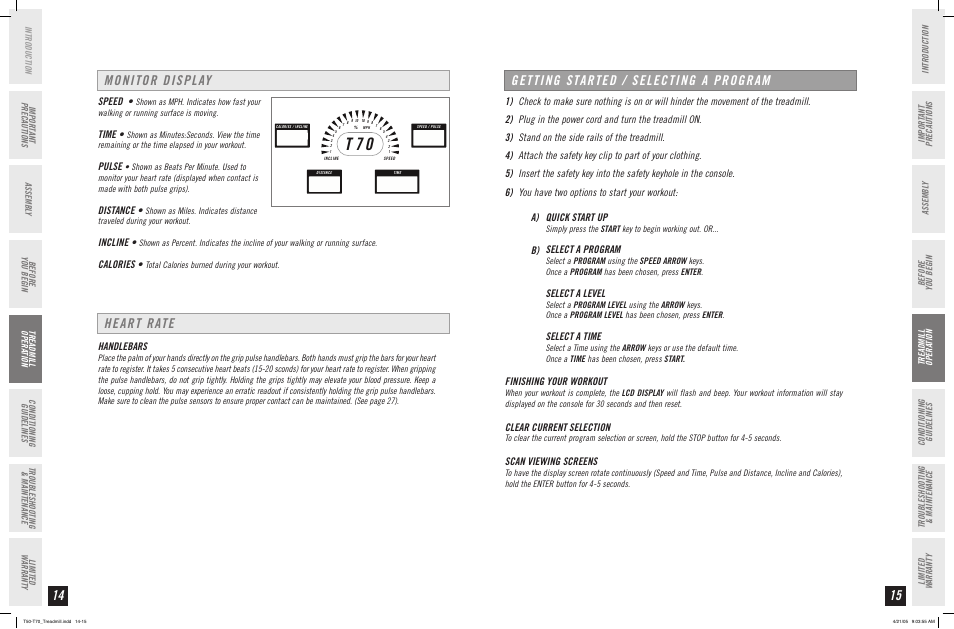 Monitor display heart rate, Getting started / selecting a program, Speed | Time, Pulse, Distance, Incline, Calories, Handlebars, Select a program | Horizon Fitness T50 User Manual | Page 8 / 17