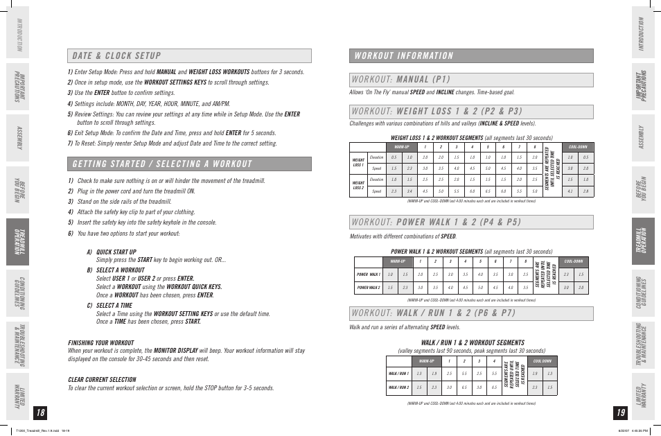 Date & clock setup, Getting started / selecting a workout, Workout: weight loss 1 & 2 (p2 & p3) | Workout: power walk 1 & 2 (p4 & p5), Walk / run 1 & 2 workout segments, Before you begin, Walk and run a series of alternating speed levels | Horizon Fitness PERFORMANCE T1200 User Manual | Page 10 / 19