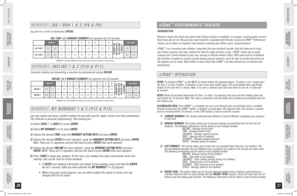 Performance tracker, Etrak, Operation | Horizon Fitness PERFORMANCE T1200 User Manual | Page 11 / 19