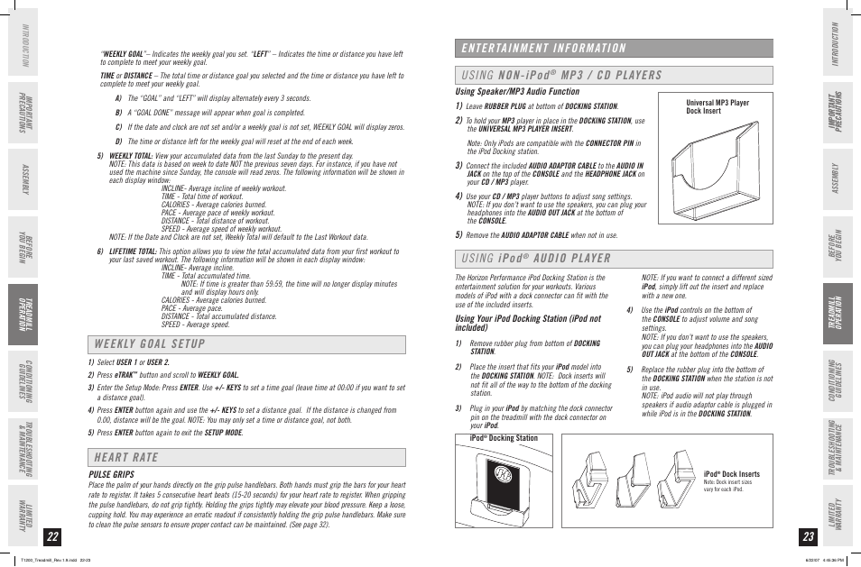 Heart rate, Weekly goal setup, Using non-ipod | Mp3 / cd players, Entertainment information, Using ipod, Audio player | Horizon Fitness PERFORMANCE T1200 User Manual | Page 12 / 19