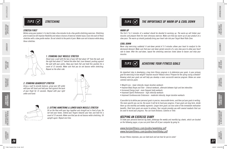 Tips, Stretching, Keeping an exercise diary | Horizon Fitness PERFORMANCE T1200 User Manual | Page 14 / 19