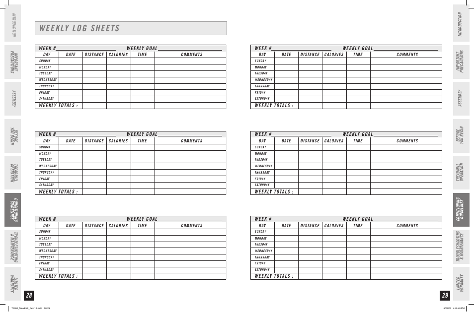 Weekly log sheets, Week # weekly goal weekly totals | Horizon Fitness PERFORMANCE T1200 User Manual | Page 15 / 19