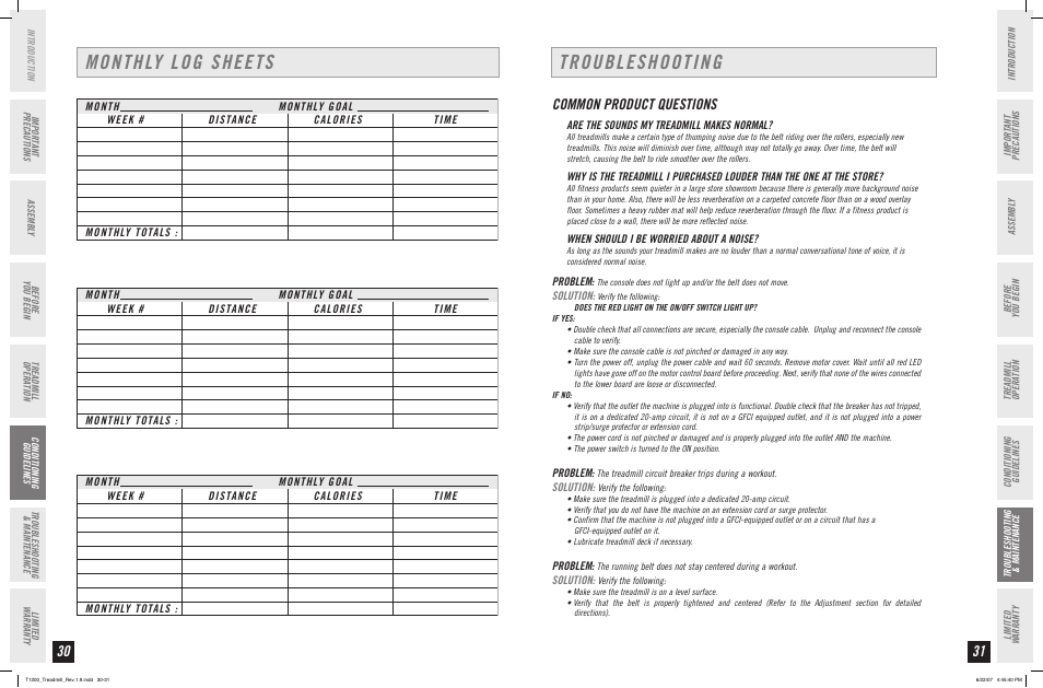 Troubleshooting monthly log sheets, Common product questions | Horizon Fitness PERFORMANCE T1200 User Manual | Page 16 / 19