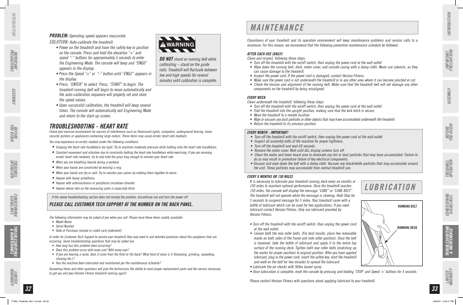 Maintenance, Lubrication, Troubleshooting - heart rate | Warning, Problem, Solution, Do not | Horizon Fitness PERFORMANCE T1200 User Manual | Page 17 / 19