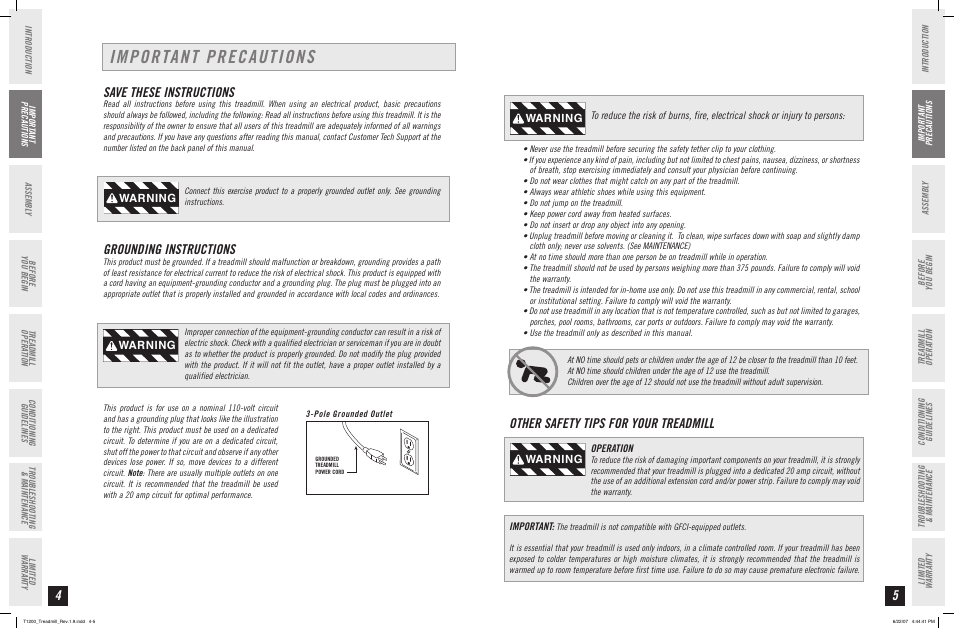 Important precautions, Other safety tips for your treadmill, Save these instructions | Grounding instructions, Warning | Horizon Fitness PERFORMANCE T1200 User Manual | Page 3 / 19