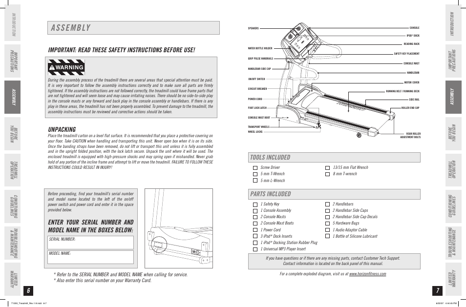 Assembly, Unpacking, Tools included | Parts included, Warning | Horizon Fitness PERFORMANCE T1200 User Manual | Page 4 / 19