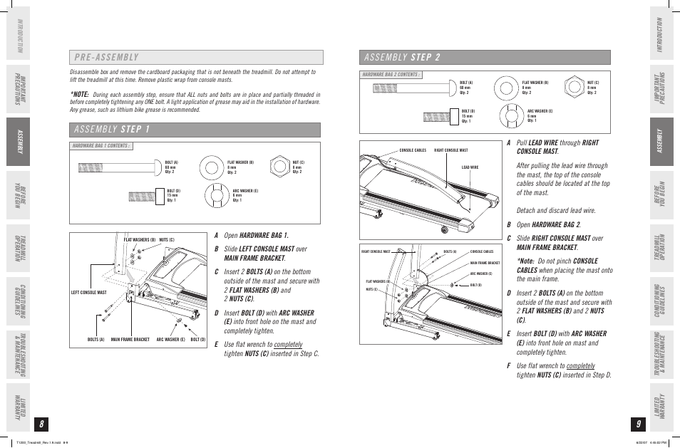 Pre-assembly, Assembly step 1, Assembly step 2 | Horizon Fitness PERFORMANCE T1200 User Manual | Page 5 / 19