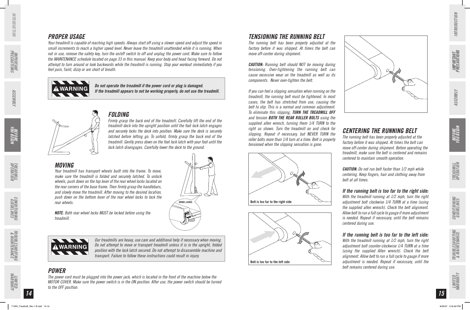 Proper usage, Folding, Moving | Power, Centering the running belt, Tensioning the running belt, Warning | Horizon Fitness PERFORMANCE T1200 User Manual | Page 8 / 19