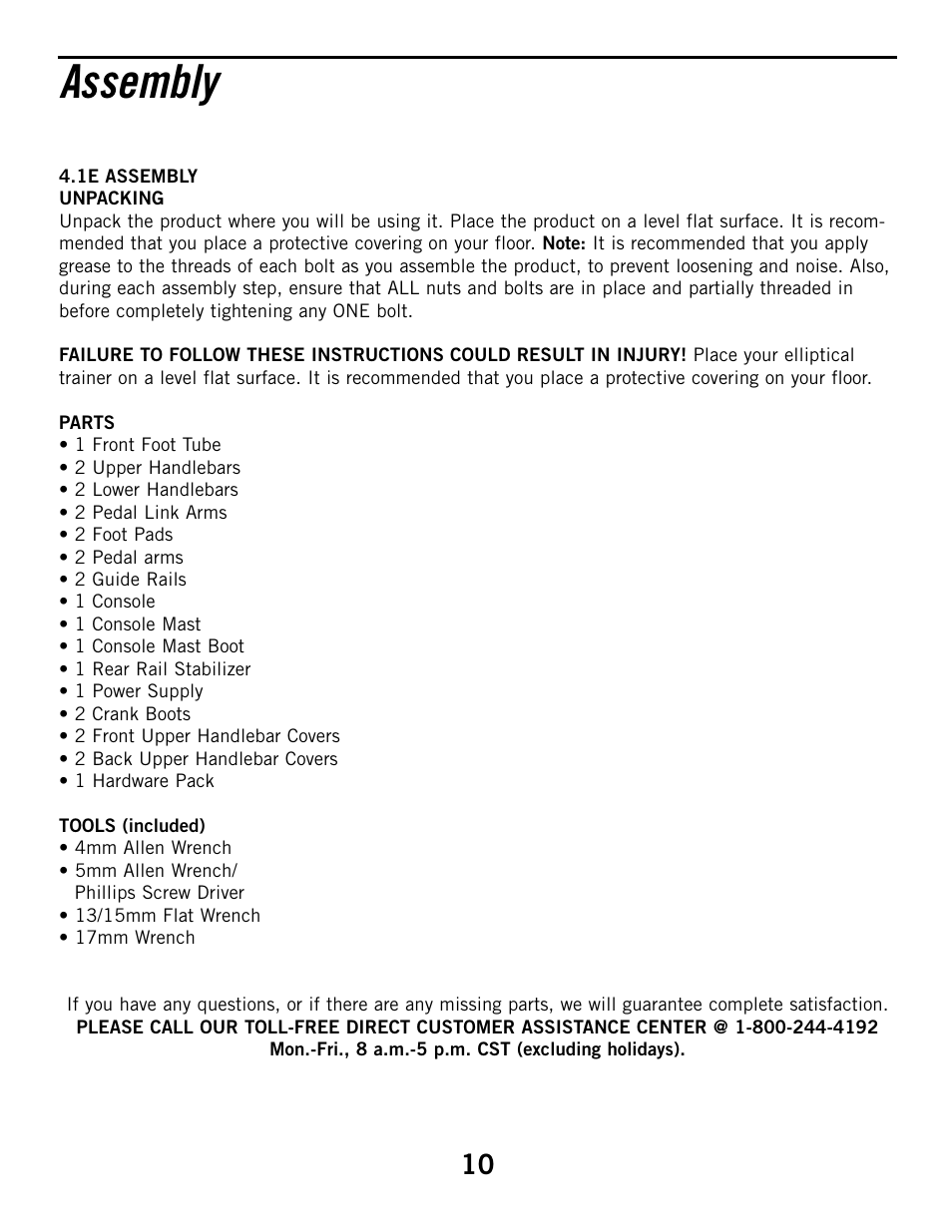 Assembly | Horizon Fitness ELITE 4.1E User Manual | Page 10 / 42