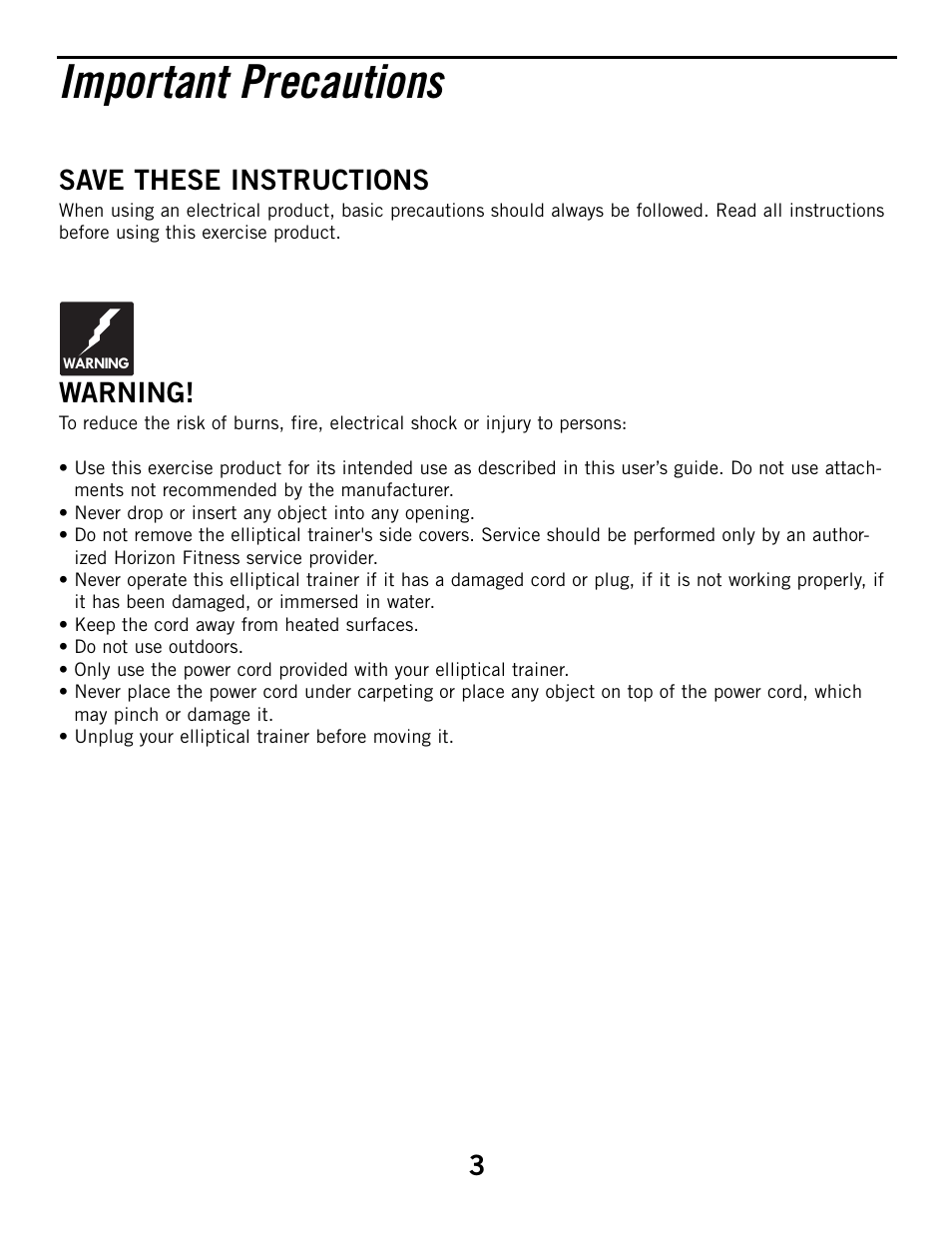 Important precautions, Save these instructions, Warning | Horizon Fitness ELITE 4.1E User Manual | Page 3 / 42
