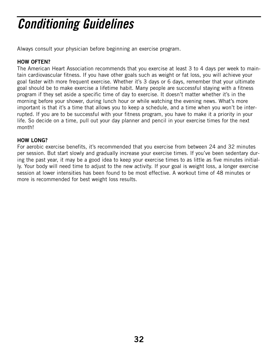 Conditioning guidelines | Horizon Fitness ELITE 4.1E User Manual | Page 32 / 42