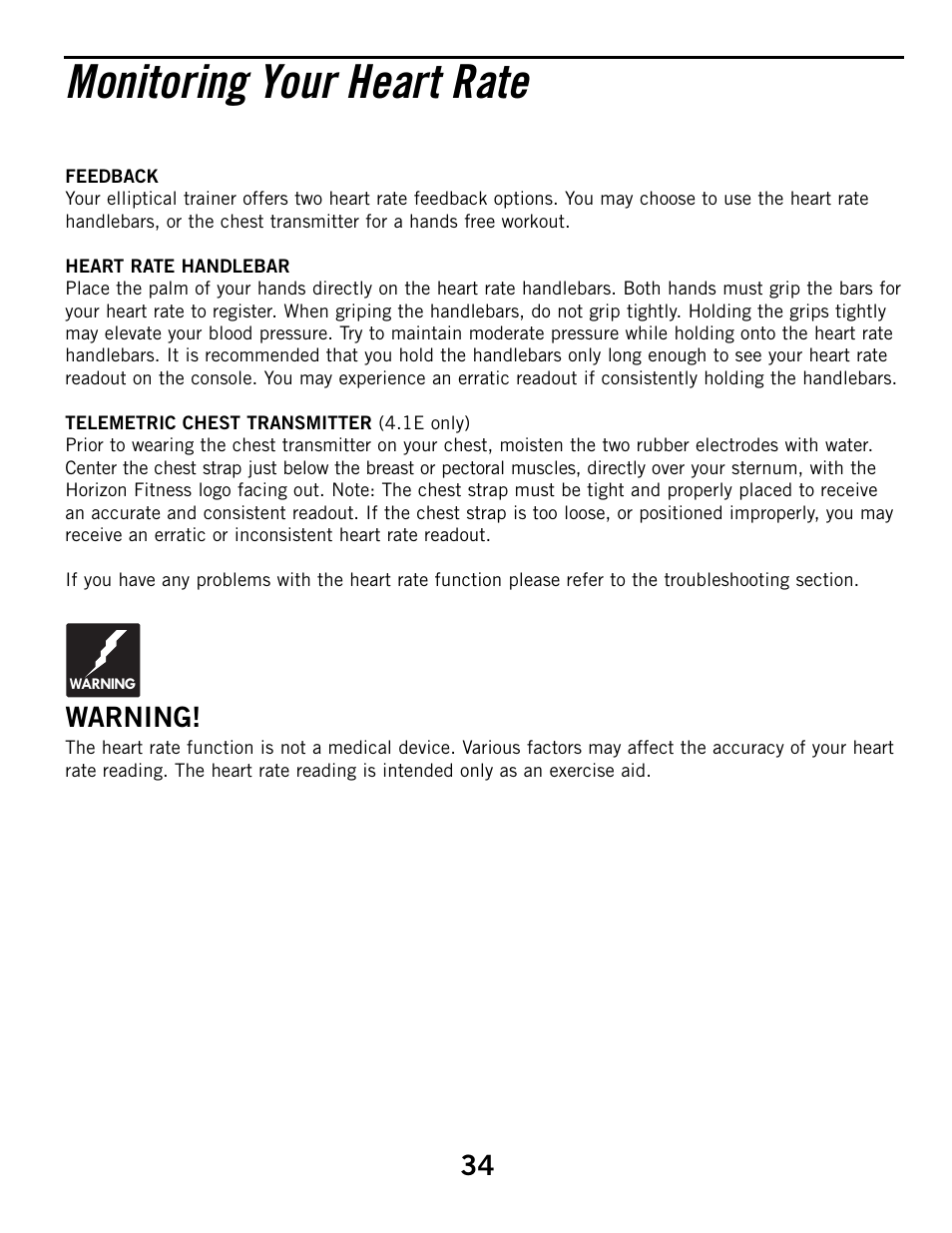 Monitoring your heart rate, Warning | Horizon Fitness ELITE 4.1E User Manual | Page 34 / 42