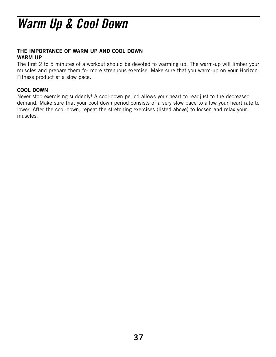 Warm up & cool down | Horizon Fitness ELITE 4.1E User Manual | Page 37 / 42