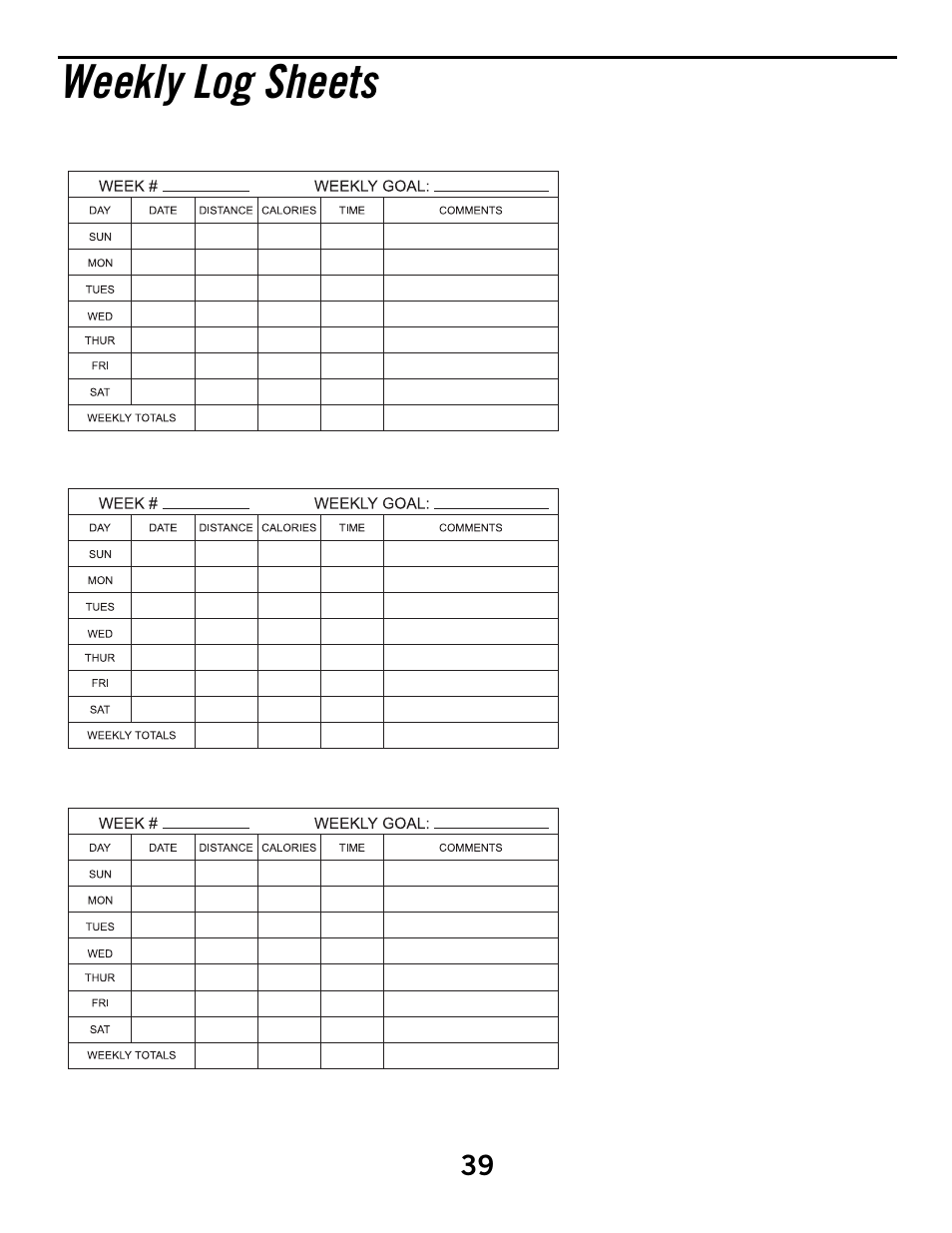 Weekly log sheets | Horizon Fitness ELITE 4.1E User Manual | Page 39 / 42