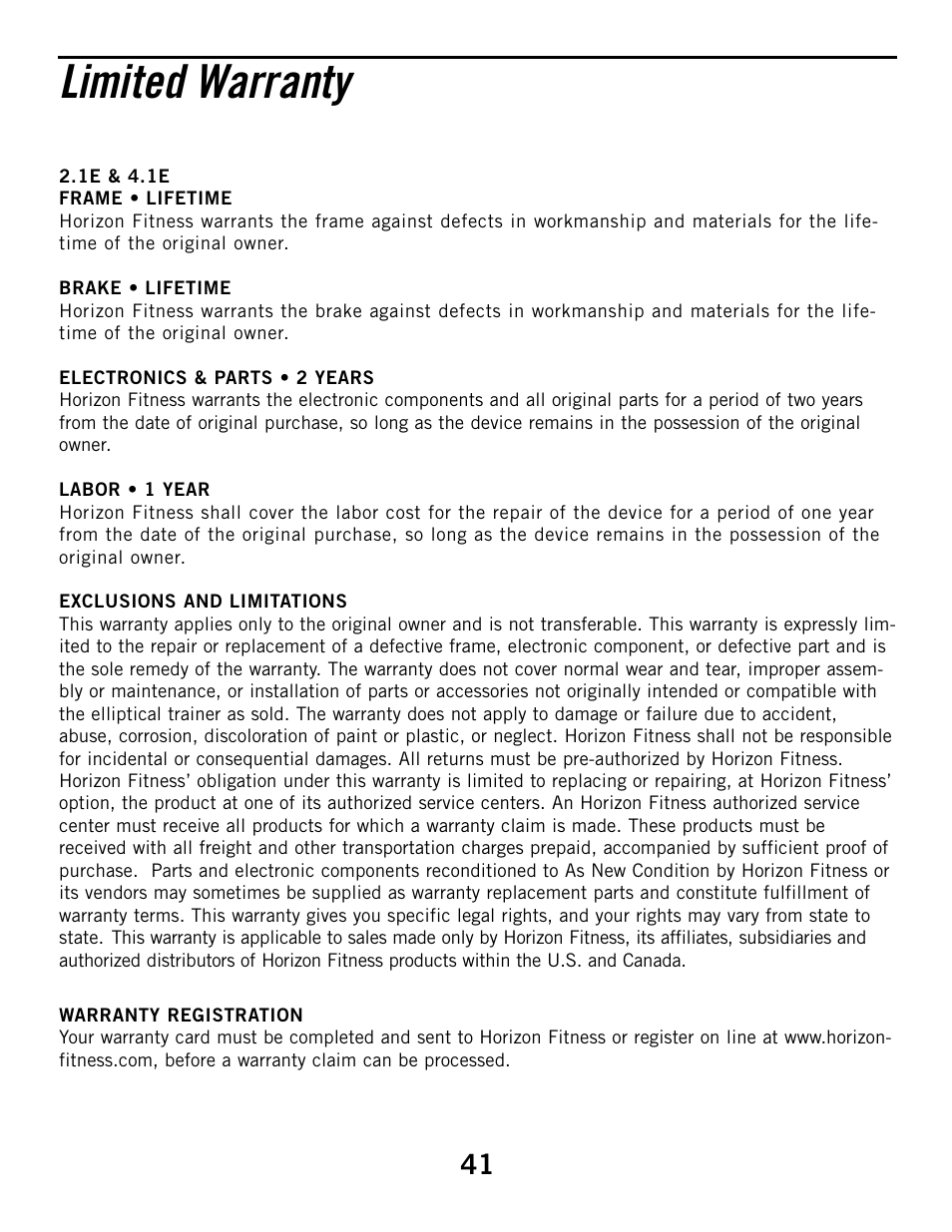 Limited warranty | Horizon Fitness ELITE 4.1E User Manual | Page 41 / 42