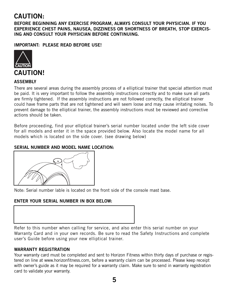 5caution, Caution | Horizon Fitness ELITE 4.1E User Manual | Page 5 / 42