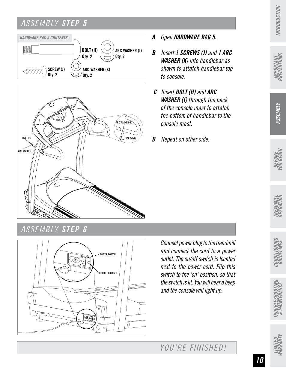 10 you’re finished! assembly step 6, Assembly step 5 | Horizon Fitness DT680 User Manual | Page 11 / 32