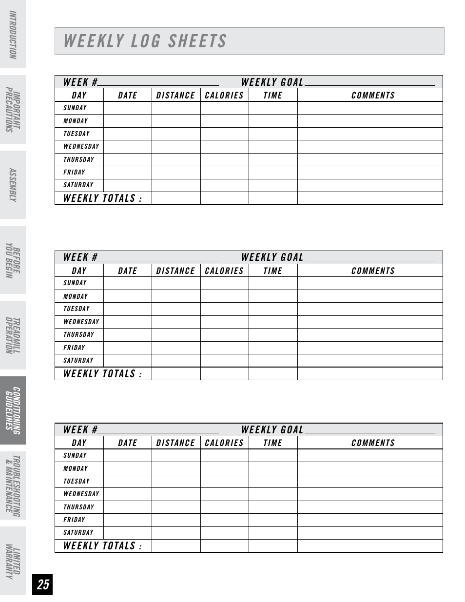 Weekly log sheets | Horizon Fitness DT680 User Manual | Page 26 / 32