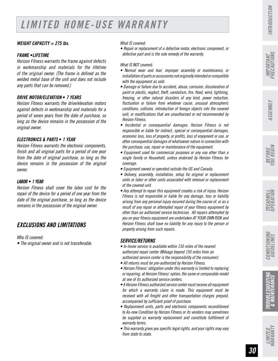 Limited home-use warranty, Exclusions and limitations | Horizon Fitness DT680 User Manual | Page 31 / 32