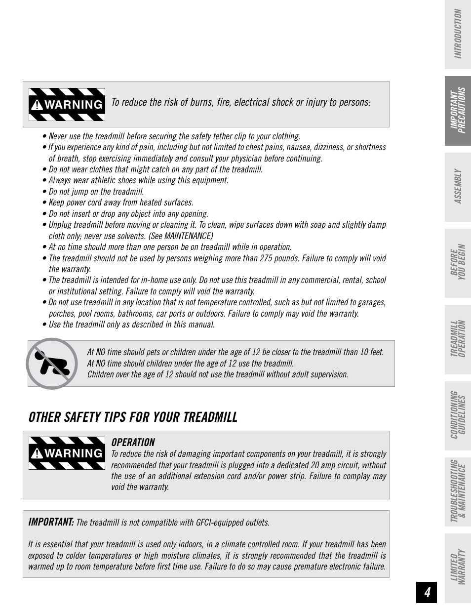 Other safety tips for your treadmill, Warning | Horizon Fitness DT680 User Manual | Page 5 / 32
