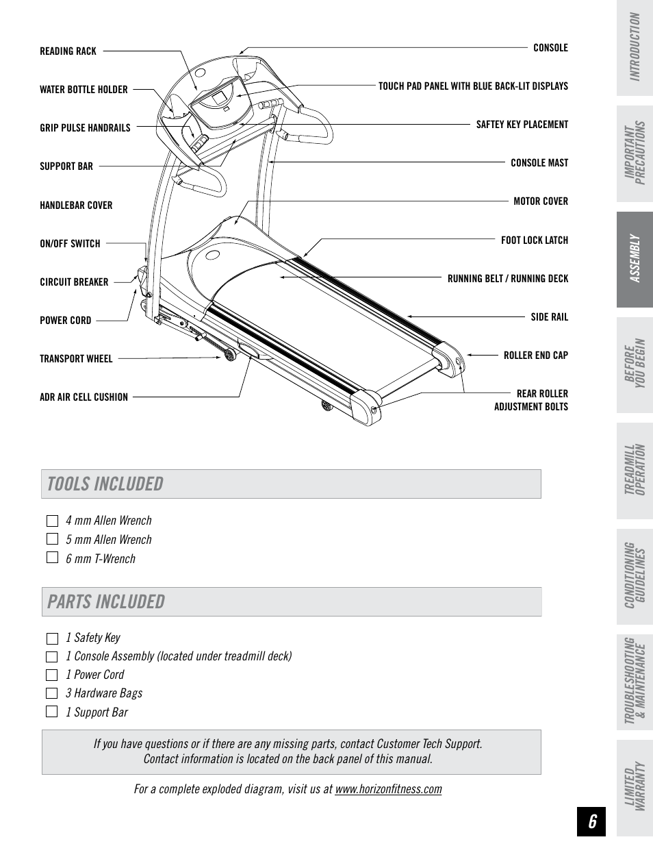 6tools included, Parts included | Horizon Fitness DT680 User Manual | Page 7 / 32