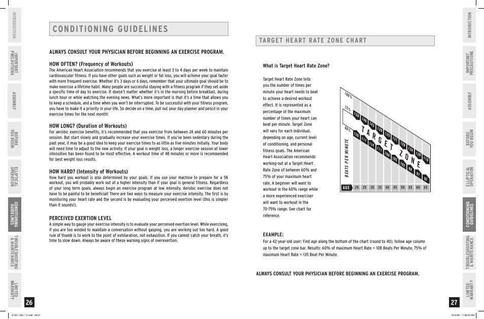 Conditioning guidelines, Target heart rate zone chart, How long? (duration of workouts) | How hard? (intensity of workouts), Perceived exertion level | Horizon Fitness PRIMIER E1201 User Manual | Page 14 / 19